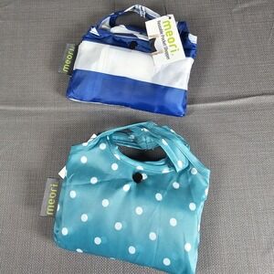 2 Meori Reusable Pocket Shopper, Blue White Striped & Polka Dots Big Bag NWT